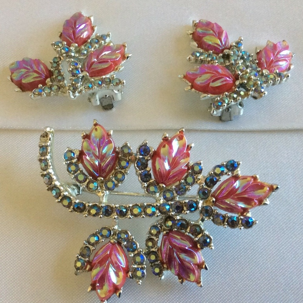 Leaf Czech glass Raspberry Pink Pin Brooch Earring
